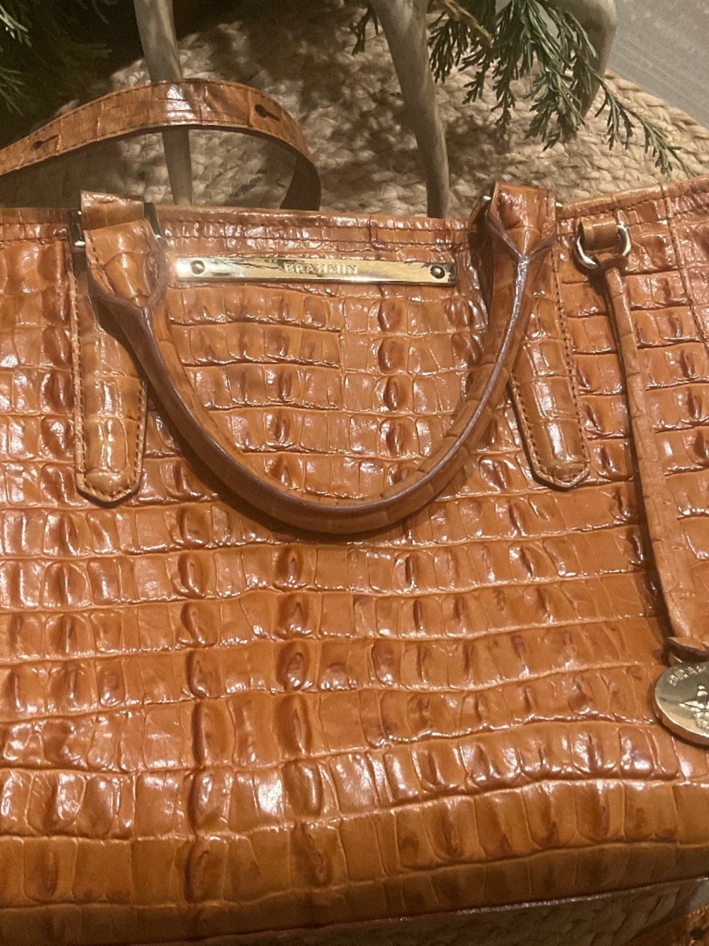Brahmin Mini-Arno Leather Crossbody Handbag Croc Embossed Design Caramel EUC